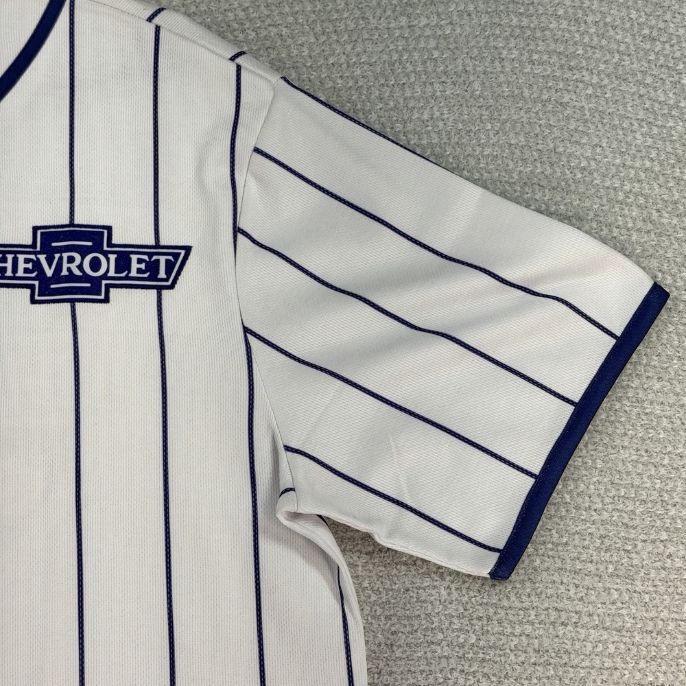 GM Chevrolet Chevy Baseball Jersey Mens Medium White Blue Pinstripe Button - Picture 4 of 15
